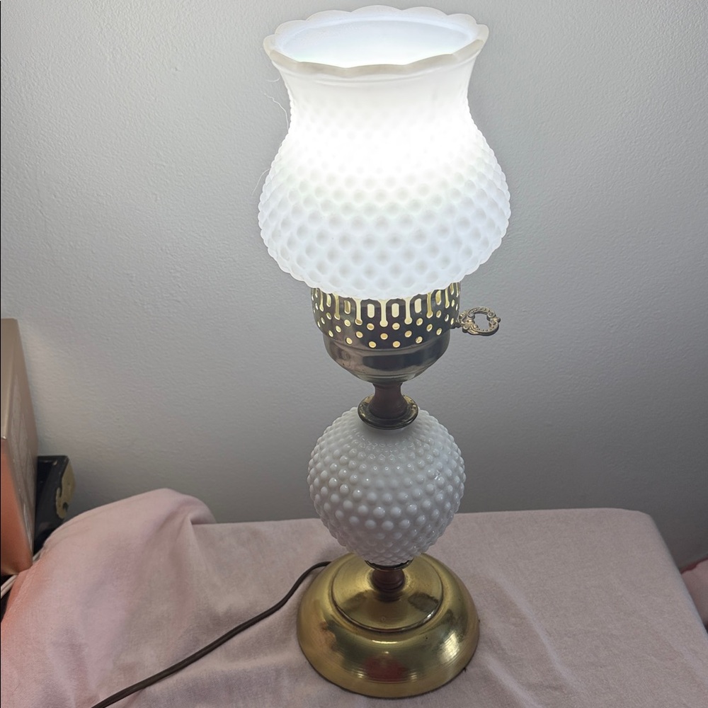 Vintage White Hobnail Glass Table Lamp with Brass Base 15” Tall Tested Works!